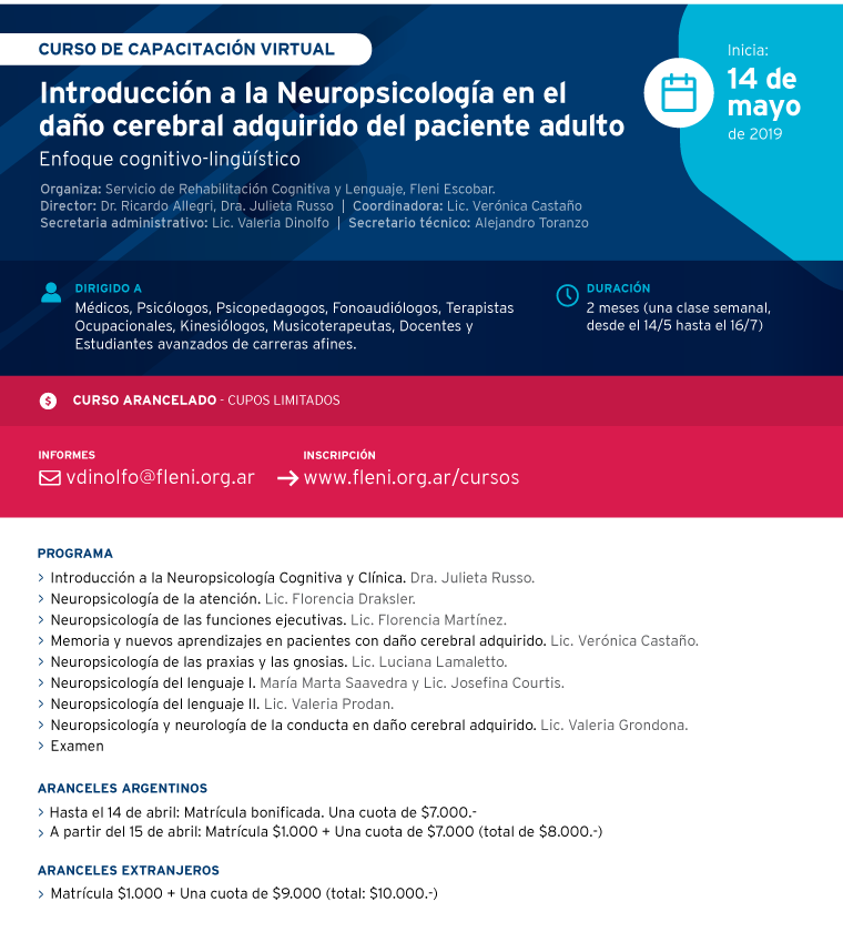 Curso de Capacitación Virtual Introducción a la Neuropsicologia en el daño cerebral adquirido del paciente adulto: enfoque cognitivo-lingüístico 1 Fleni